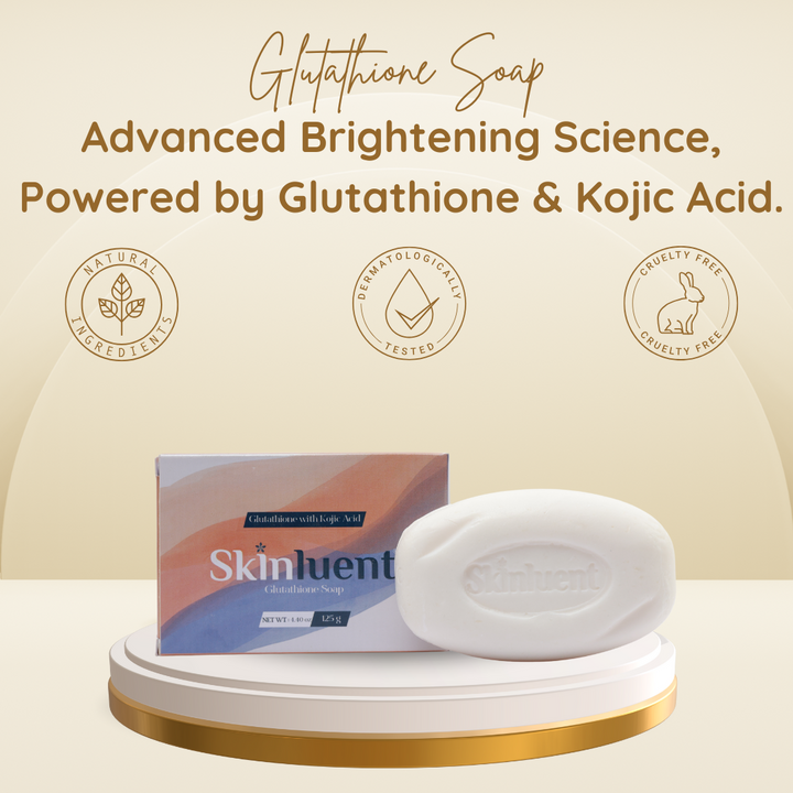 Glutathione soap with packaging on a beige background, featuring Skinlentus branding.