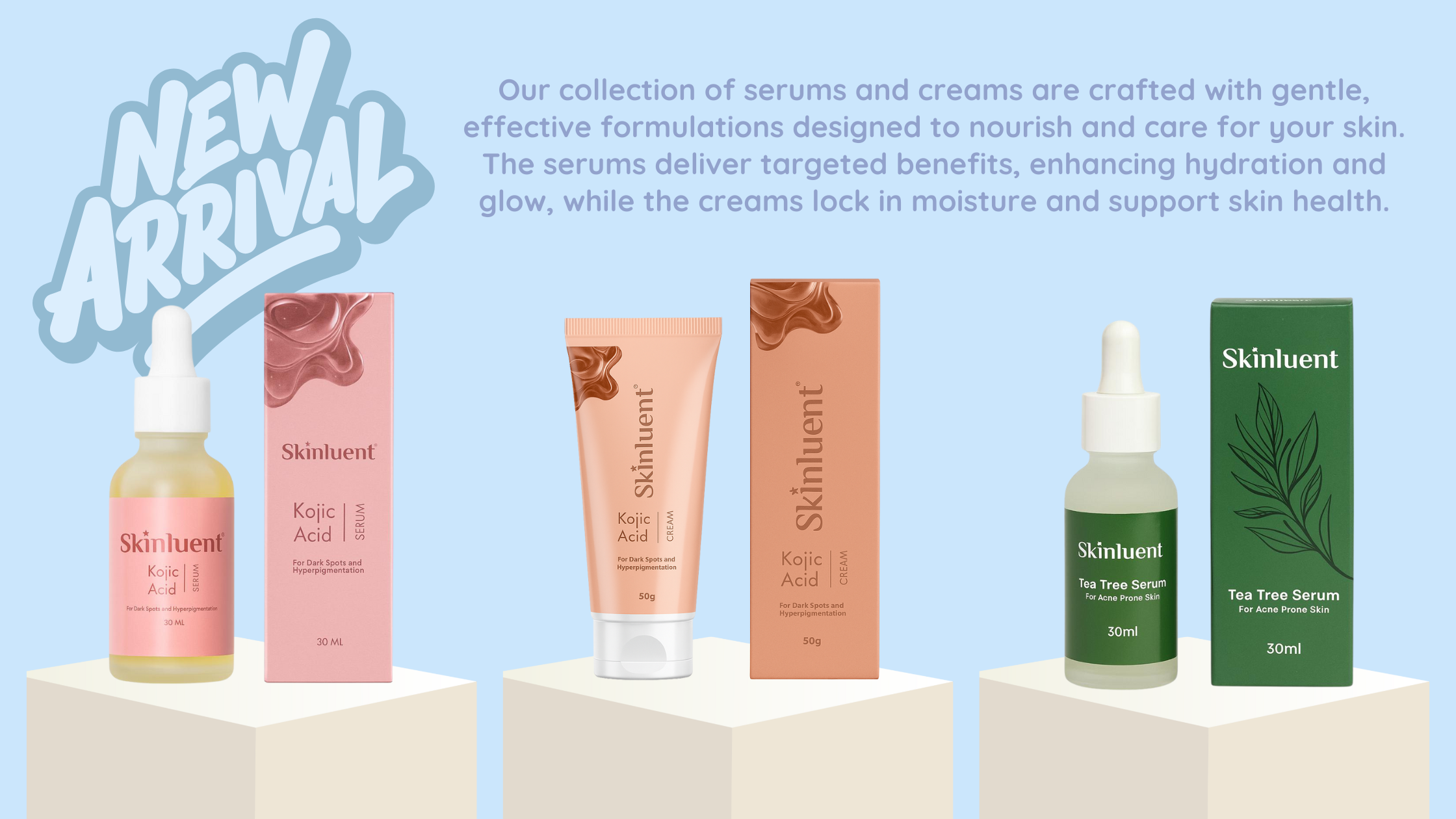 Collection of Skinluent skincare products on a light blue background with promotional text.