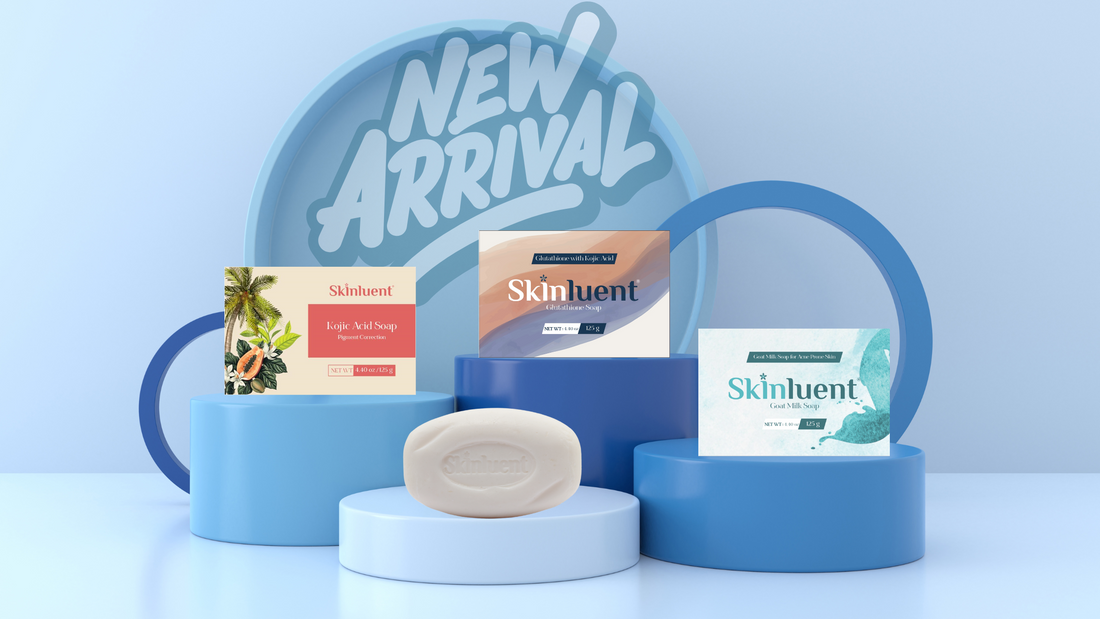 Skincare products on blue stands with 'New Arrival' sign on a light blue background
