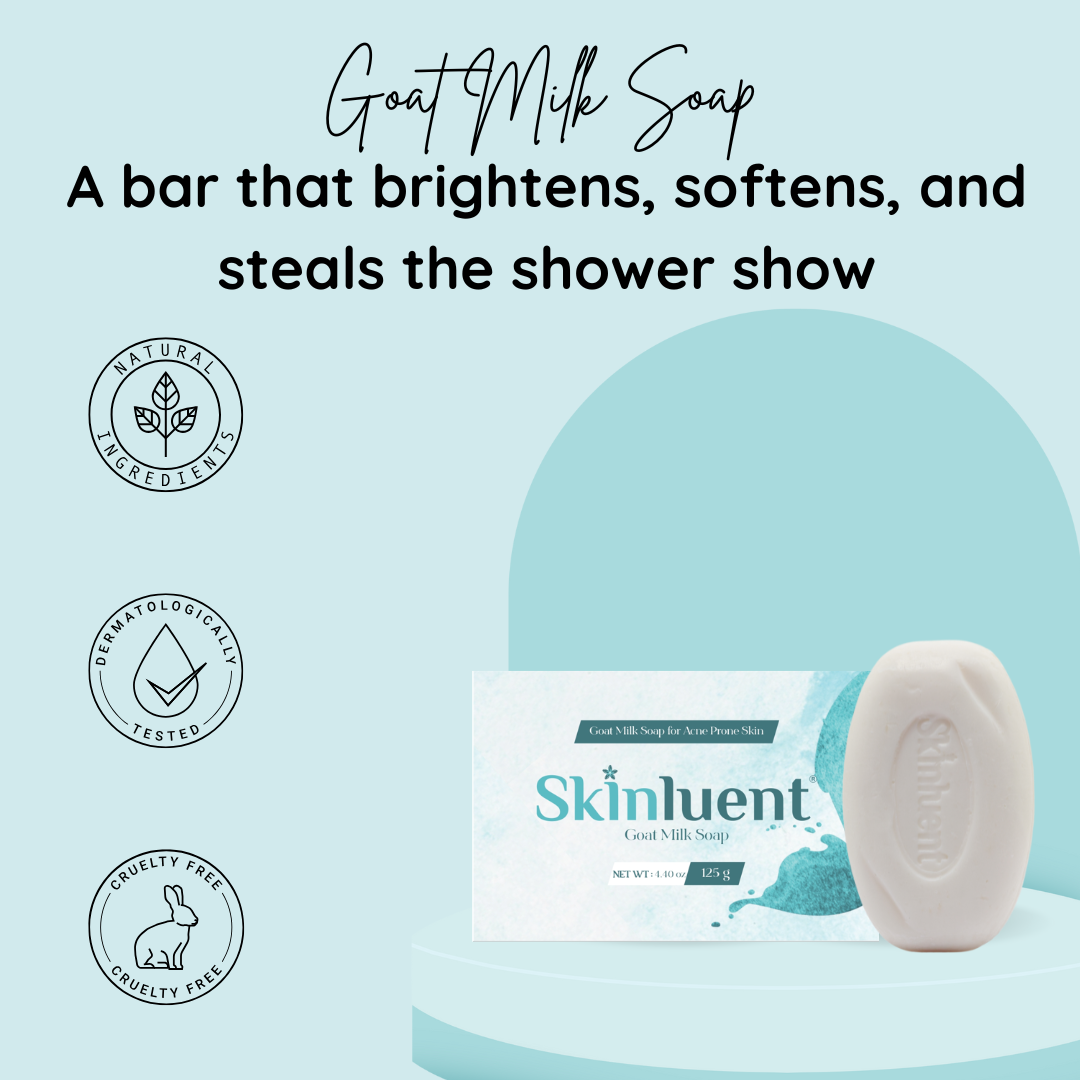 Goat milk soap with packaging on a light blue background, featuring Skinluent branding.