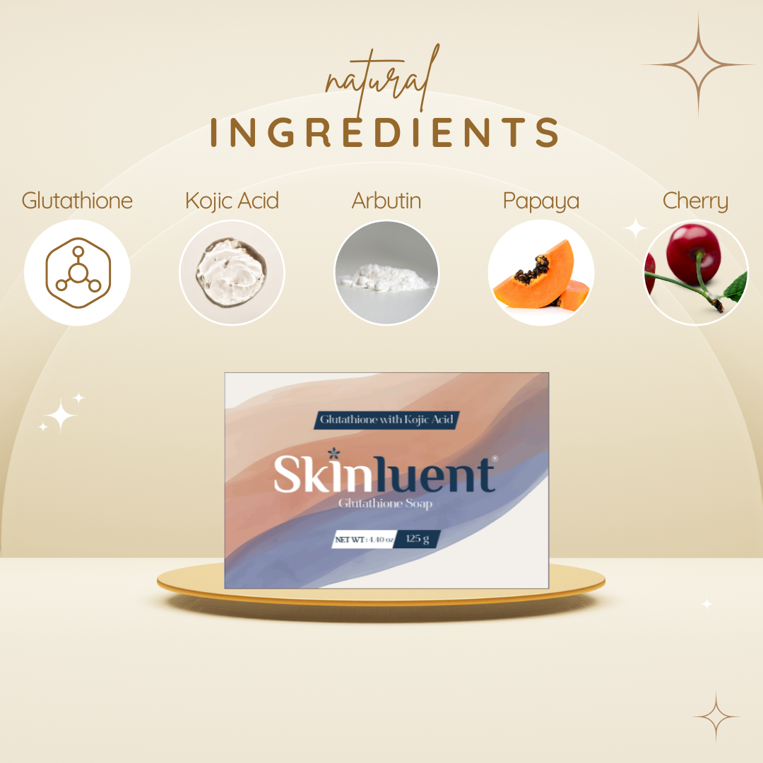 Skinluent Glutathione Soap packaging with natural ingredients on a beige background