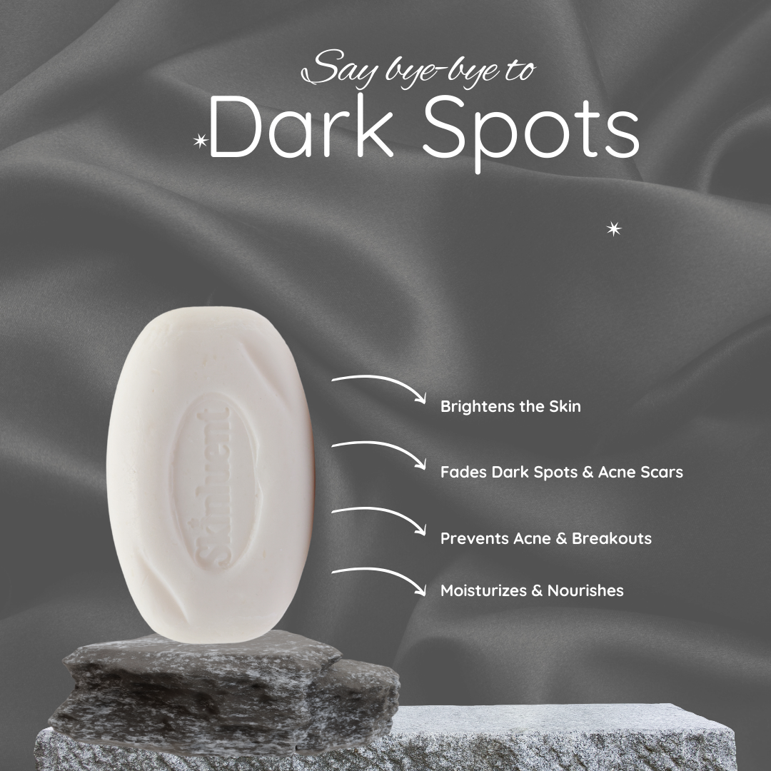 Soap bar with text 'Say bye-bye to Dark Spots' on a dark background
