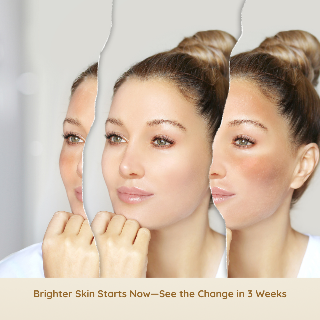Skinluent Glutathione Soap Woman with a split face showing before and after effects, with text about skin improvement.
