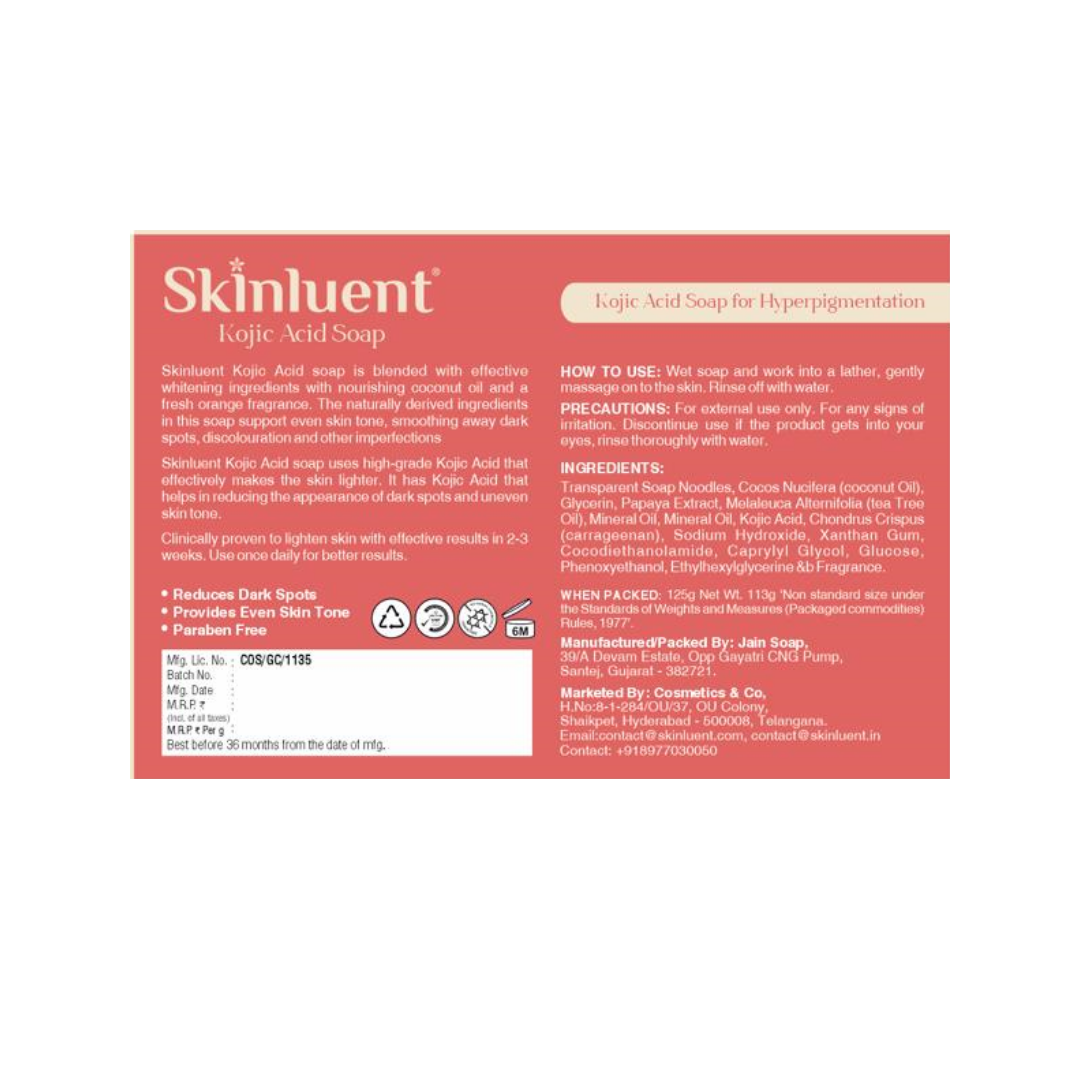 Skinluent Kojic Acid Soap packaging with text and branding on a red background