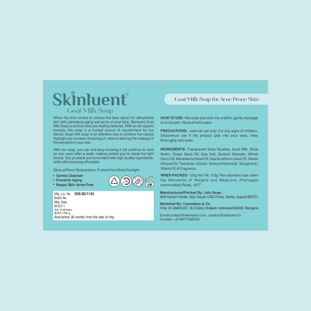 Skinluent goat milk soap label on a light blue background