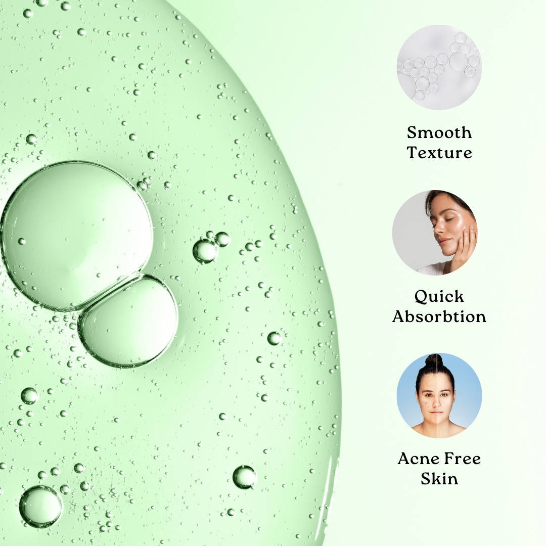 Green skincare product with bubbles and text highlighting smooth texture, quick absorption, and acne-free skin.