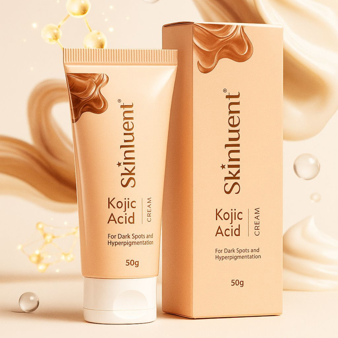Skinluent Kojic Acid Cream tube and box on a beige background