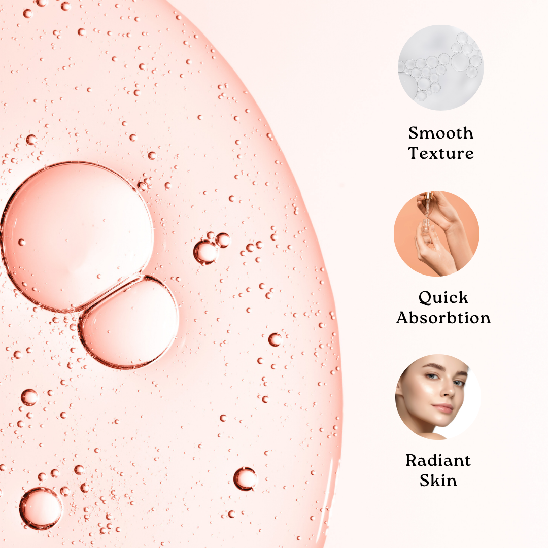 Product with smooth texture, quick absorption, and radiant skin benefits on a pink background