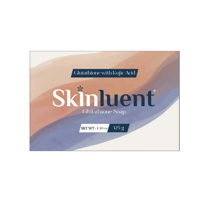 Skinluent Glutathione Soap packaging with a gradient background