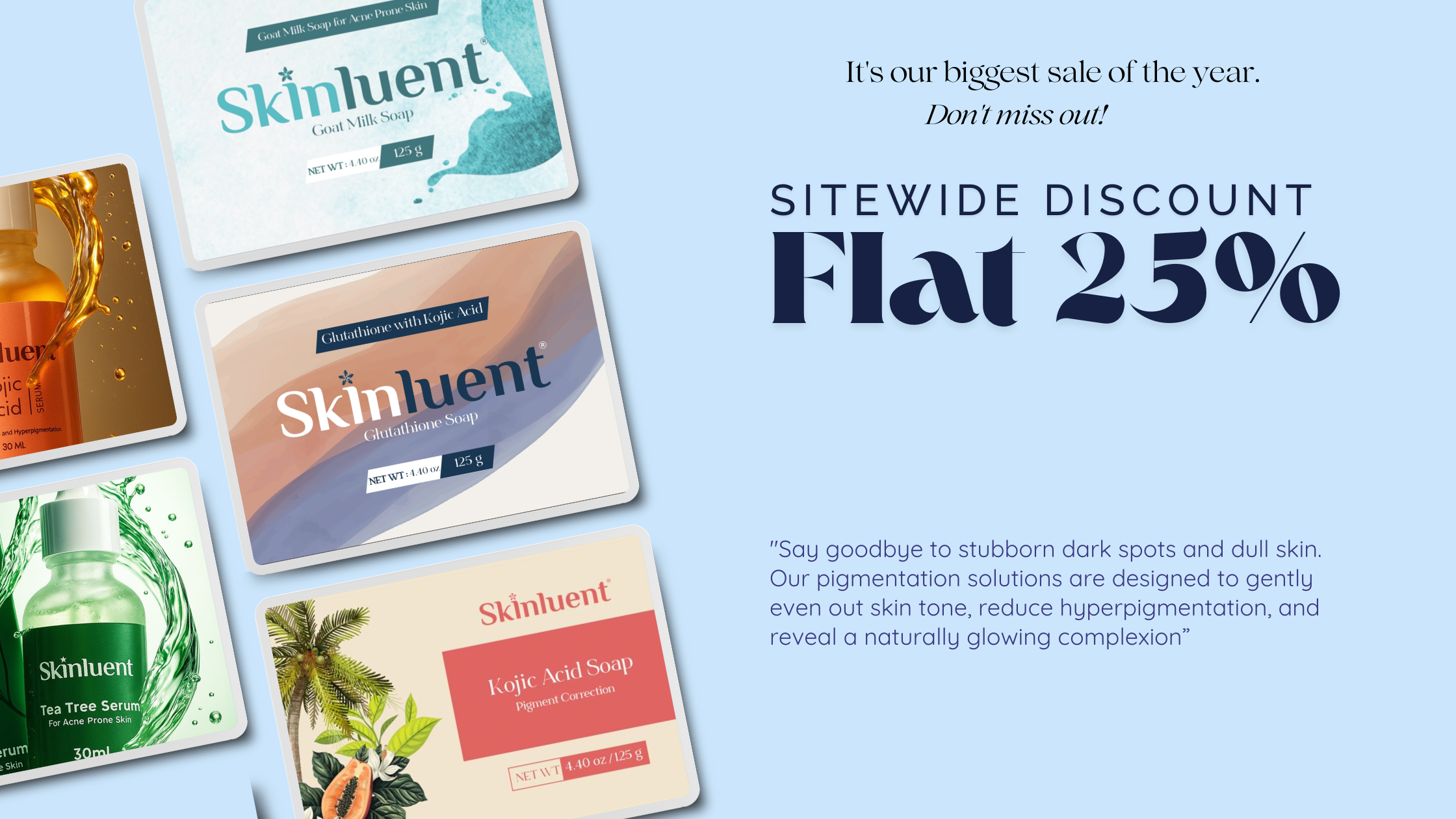 Promotional banner for Skinluent products with a flat 25% discount offer on a light blue background.