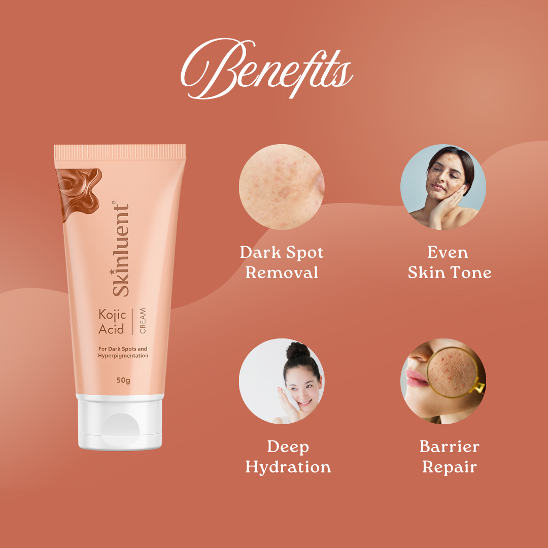 Skinluent Kojic Acid Cream with benefits on a peach background