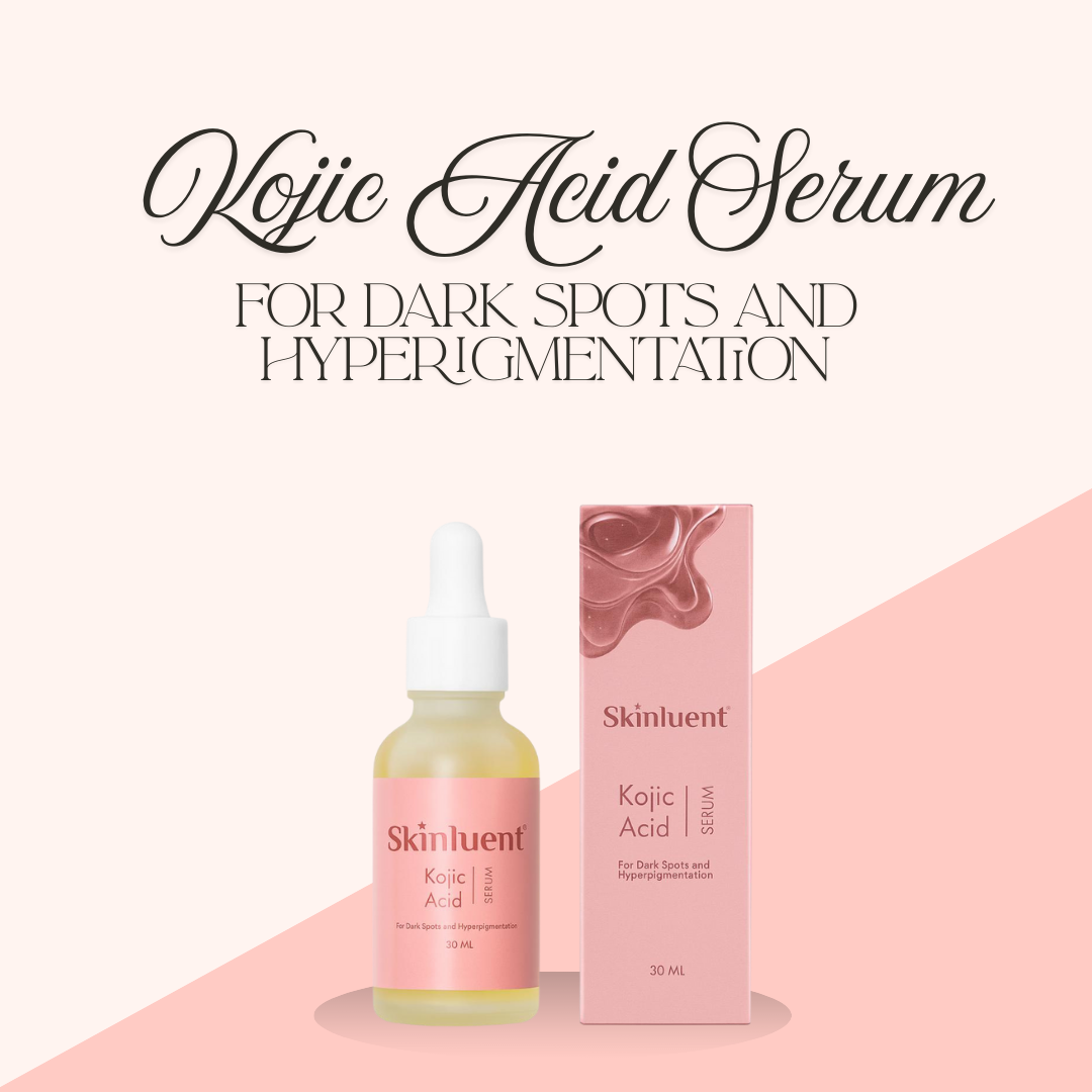 Skinluent Kojic Acid Serum bottle and packaging on a pink background
