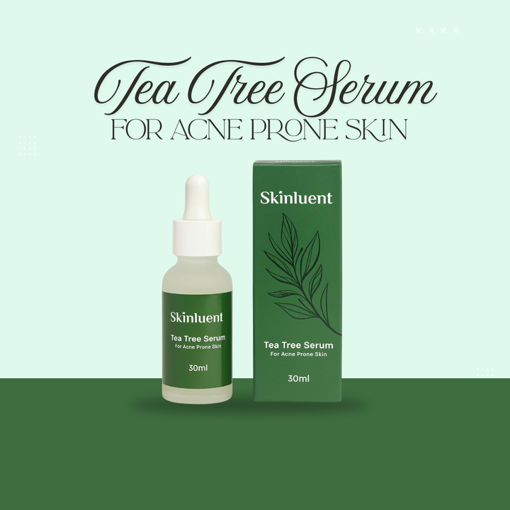 Skinluent Tea Tree Serum bottle and box on a green background