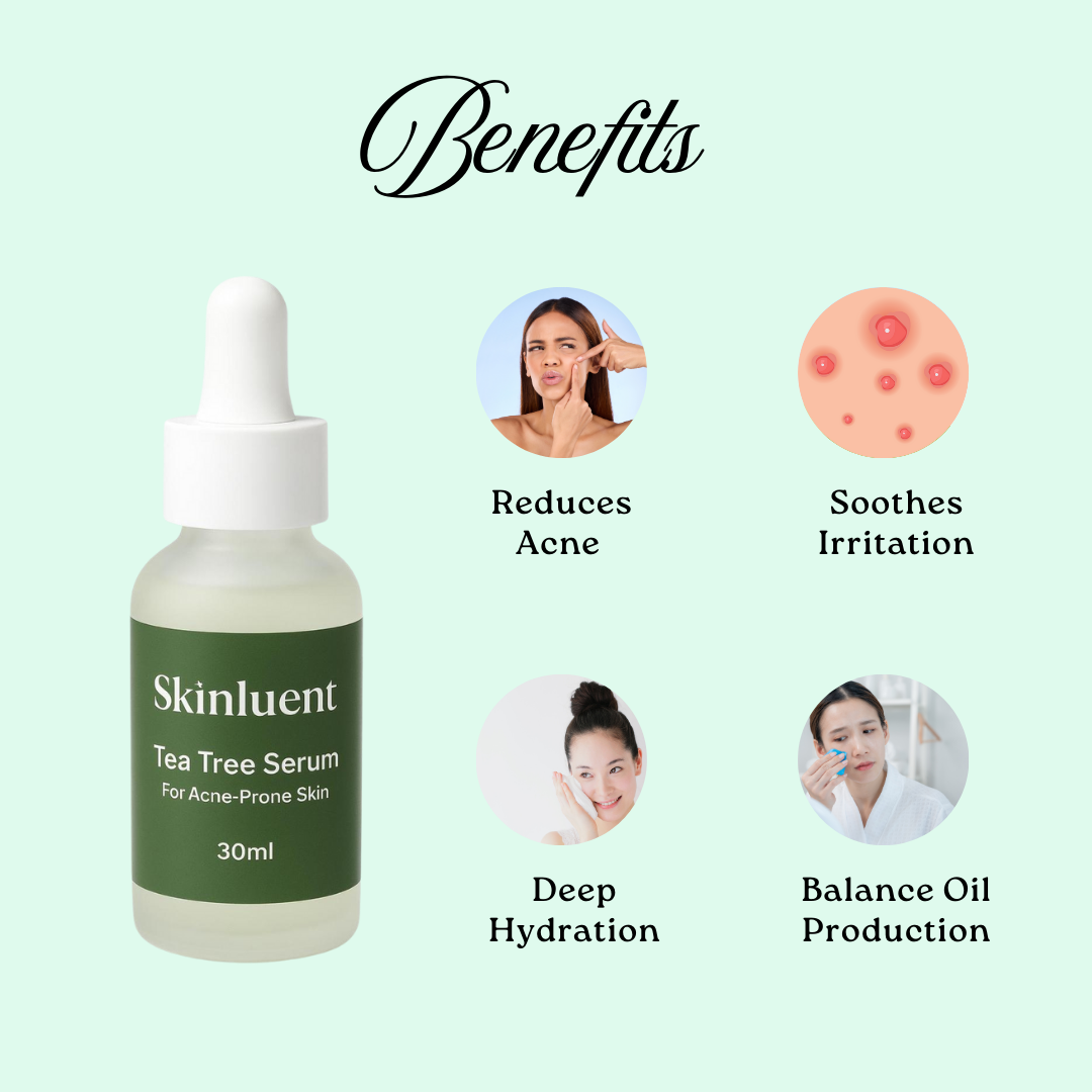 Skinluent Tea Tree Serum bottle with benefits on a light green background