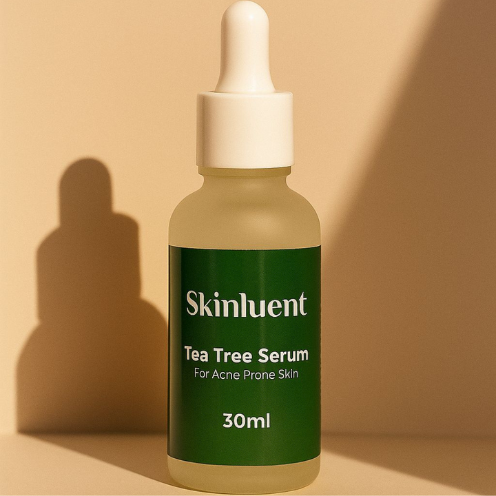 Skinluent Tea Tree Serum bottle on a beige background